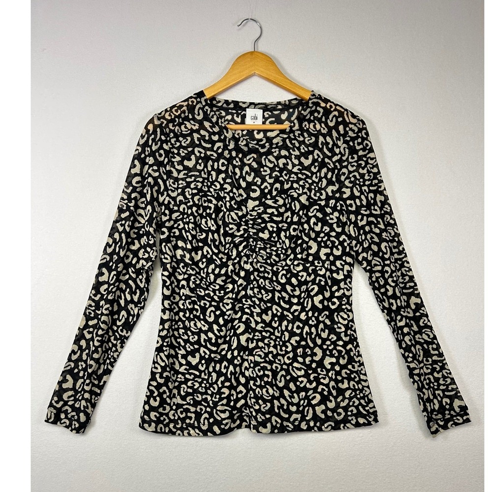 Mob Wife Cabi Women Size M Black Leopard Print Ruched Mesh Long Sleeve Top